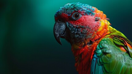 Close-Up of a Vibrant and Colorful Harlequin Macaw, Exotic Bird with Green Background
