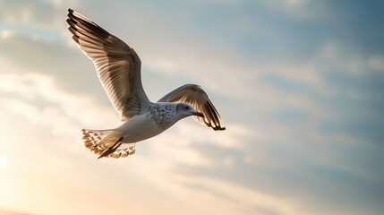 Graceful Seagull Soaring in the Golden Sunset Sky, Capturing the Essence of Freedom and Elegance