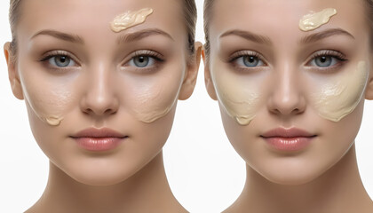 Collage of beautiful young woman with cream on her face. Skin care concept - 732040283
