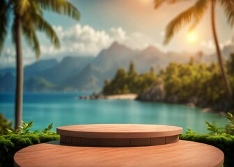 Empty Podium in Blurred Tropical Paradise: Illustration for Presentations and Backgrounds