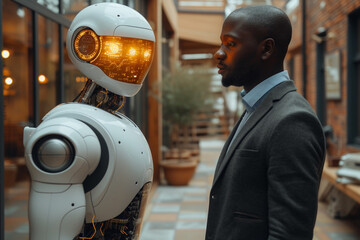 A cute, futuristic robot serves as a confident companion to an African businessman, embodying advanced technology. - obrazy, fototapety, plakaty