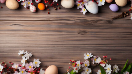 Obraz na płótnie Canvas Rustic wooden table top with framed by small easter eggs and spring flowers.