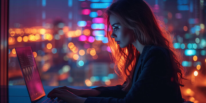 A focused businesswoman overloaded with work on her laptop in a stylish urban office at night.