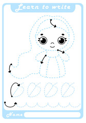 Preschool Fine Motor Worksheet - Dotted Lines. Learn to write. Trace sheet. Illustration and vector outline - A4 paper, ready for printing. Workbook for kids handwriting repeat. Princess dotted lines