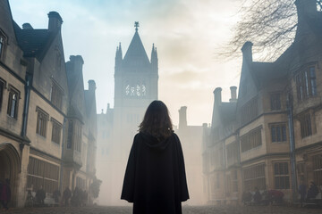 Fototapeta premium Proud university student amidst the foggy ambiance of academic town triumph and cultural heritage. The classic scene resonates with a message of accomplishment and ambition.