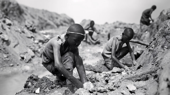 Niños trabajando en una mina en el corazón de Africa. Ejemplo de explotación infantil. 