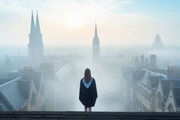 Proud student amidst the foggy ambiance of Oxford, symbolizing academic triumph and cultural heritage. The classic scene resonates with a message of accomplishment and ambition.