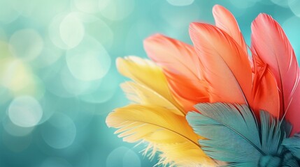 Minimalist image capturing the enchanting allure of colorful feathers against a serene and dreamy backdrop