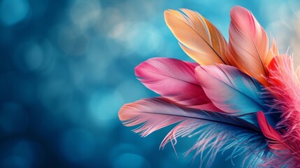 Minimalist image capturing the enchanting allure of colorful feathers against a serene and dreamy backdrop
