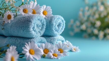 Arrangement of bath towels and lovely flowers