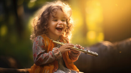 Child with curly hair holds a flute, evoking a sense of budding talent and innocence, amidst warm, vibrant colours