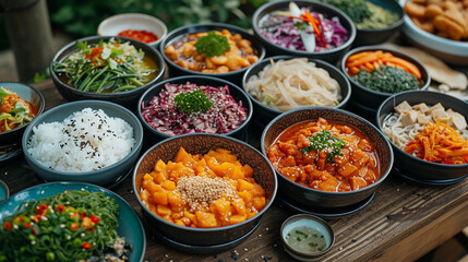 a table topped with bowls filled with food
