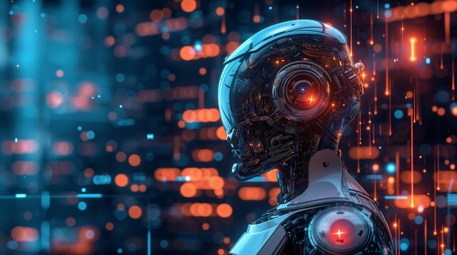 artificial intelligence robot or cyborg working in data center