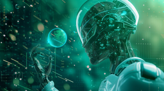 humanoid robot working with planet earth hologram over green background