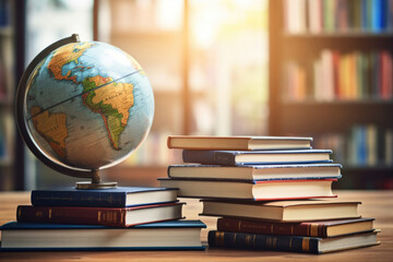 a stack of books and a globe, teachers day, knowledge day, return to school, bright home library