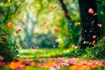 Whimsical Spring Garden: Vibrant Flowers and Floating Petals in Sunlit Forest Glade
