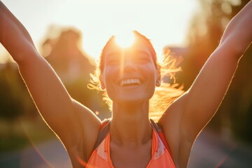 A strong, motivated woman celebrating her workout achievements towards the sun. A successful morning fitness routine