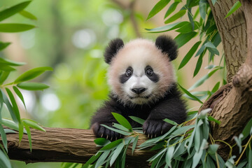 Fototapeta premium Baby panda eating bamboo in the forest, National panda day
