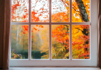 Fototapeta premium White tall window sill with autumn garden on background