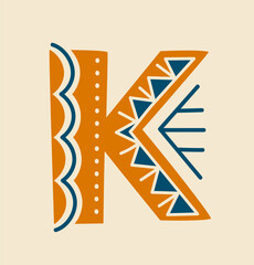 African font letter concept. Yellow K with colorful patterns and ornaments. Template and layout. Typography and calligraphy. Cartoon flat vector illustration isolated on beige background
