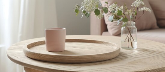 Tableware on a wooden table includes a wooden tray alongside a vase of flowers, harmonizing with the house's wooden flooring and serving as a delightful addition to the room's decor.