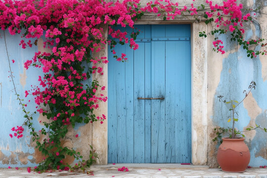 Weathered blue door and bougainvillea tree on Crete street