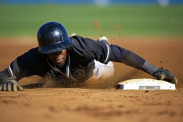 A baseball player sliding into second base on a professional baseball field
