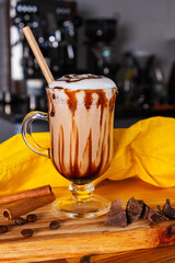 transparent mug with creamy cappuccino