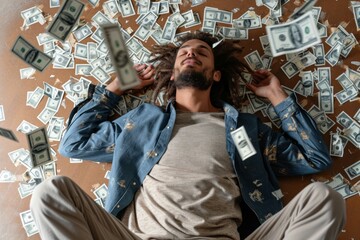 Fototapeta na wymiar A man, exhausted or overwhelmed, lying on the floor as money bills flutter around him