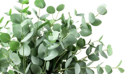 Beautiful greenery: Fragrant eucalyptus branches. Bouquet isolated on white with a place for text, copy space, and mockup