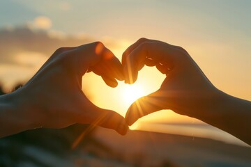The concept of a romantic relationship between individuals. Hands engage with a heart against the backdrop of a sunny sunset