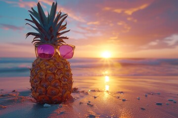 Pineapple wearing sunglasses on the beach at sunset. Tropical summer vacation concept. Copy space.