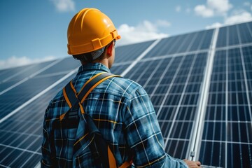 The back of an engineer wearing a helmet is checking the operation of a renewable energy concept solar panel.