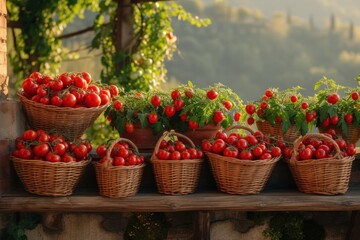 Fototapeta na wymiar Tomatoes in baskets arranged on a wooden balcony against the backdrop of La Tomatina Festival.