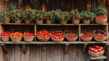 Fototapeta na wymiar Tomatoes in baskets arranged on a wooden balcony against the backdrop of La Tomatina Festival.