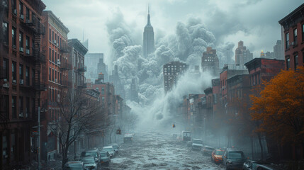 Apocalyptic shots with fire, water skyscrapers of a city like New York. Huge destruction, ominous picture, high quality, realistic.