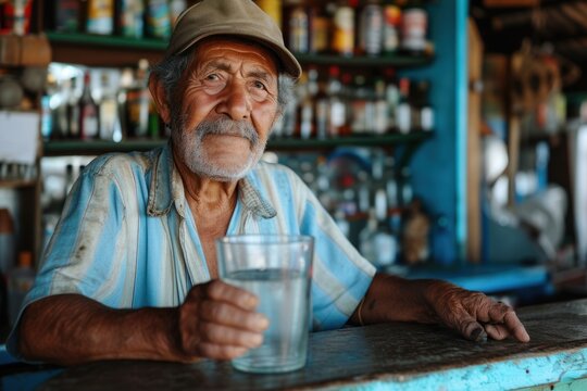 Old hispanic man holding an almost empty glass of water looking at the camera standing at a bar counter. 