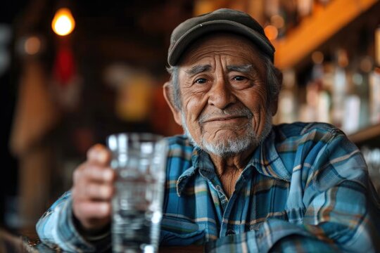 Old hispanic man holding an almost empty glass of water looking at the camera standing at a bar counter. 