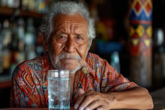 Old hispanic man holding an almost empty glass of water looking at the camera standing at a bar counter. 