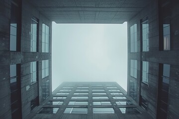 Abstract image of looking up at modern glass and concrete building.