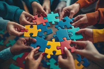 top view,Concept of teamwork and partnership. Hands join puzzle pieces in the office. business people putting the jigsaws team together.Charity, volunteer. Unity, team business. High quality photo.