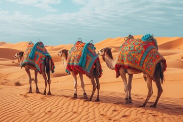 Camels In A Traditional Bright Cape Against The Backdrop Of The Sand Dune Desert . Tourism Warm Countries Background.