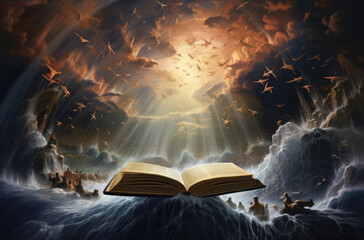 Magical book in the sky with clouds and stars. 