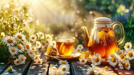 Herbal tea in a glass cup among fresh chamomile flowers, emphasizing health and natural remedies - obrazy, fototapety, plakaty