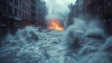 Apocalyptic shots with fire, water skyscrapers of a city like New York. Huge destruction, ominous picture, high quality, realistic.