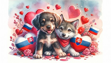 A heartwarming watercolor concept illustration for Valentine's Day, featuring a cute couple of puppies with a Slovakian theme 03