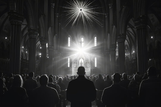 black and white image of people in a catholic church