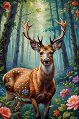 An illustration of a red deer on the background of a forest surrounded by delicate wildflowers