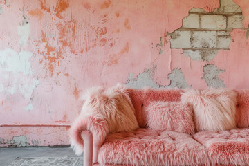 Living Room drcoration in trend Peach fuzz color 2024 year. A Peach fuzz l wall background. AI...