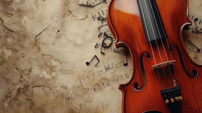 Minimalist portrayal of a violin and scattered musical notes